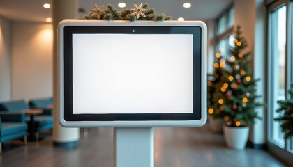 Digital information display in modern lobby decorated for Christmas  