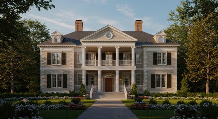 Fototapeta premium Grand estate architecture exterior view elegant mansion exterior architectural design