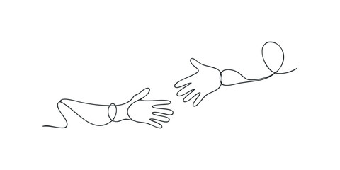 Two hands reaching out to each other in a single line drawing