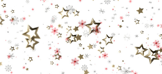 Abstract festive background featuring golden stars and snowflakes with a white background. Perfect for Christmas, New Year, winter holiday desig