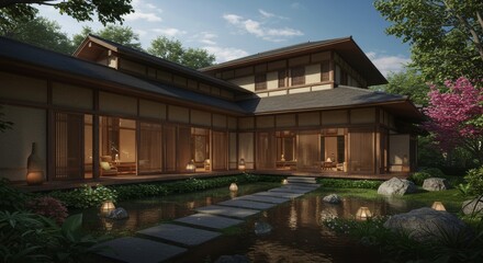 Fototapeta premium Architectural rendering of a traditional building with a water feature and garden