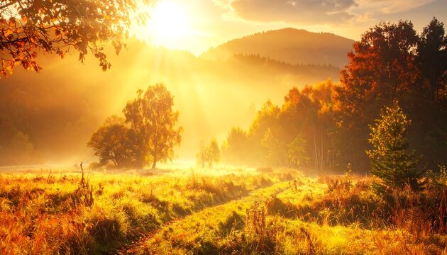 A radiant sunrise illuminates a misty forest scene, creating a warm, golden light over rolling hills. Autumn foliage lines the path - Powered by Adobe