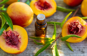 Peach kernel oil and supplements. Selective focus.