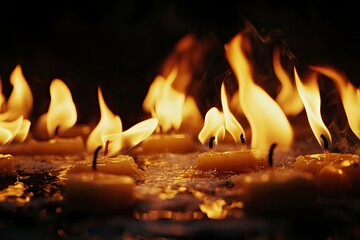 Brightly burning wax candles - dramatic light in the darkness