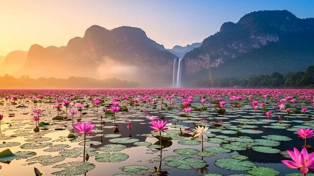 Breathtaking lotus flowers bloom on serene lake with mountain waterfall backdrop