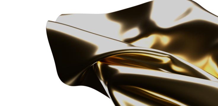 A close up of a gold fabric waving in the wind. Abstract rendering of a gold cloth with light reflections. Isolated on white for easy use. Great