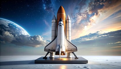 A spacecraft replica stands on a pedestal against a backdrop of Earth, space, and clouds with a vibrant sunset