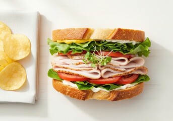 Fresh Turkey Sandwich with Lettuce, Tomato & Mayo on White Background, Lunch with Chips