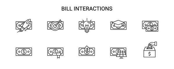 Set of black and white line icons with dollar bills interacting, representing financial concepts
