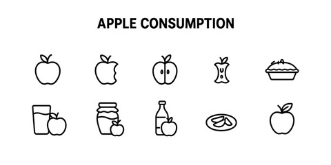 Set of black line icons depicting various forms of apple consumption