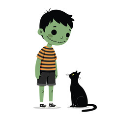 Cute Zombie Boy and Black Cat Halloween Fun
