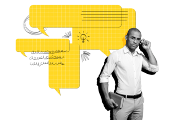 Composite photo collage of serious man academic hold book text box communication light bulb idea finding isolated on painted background