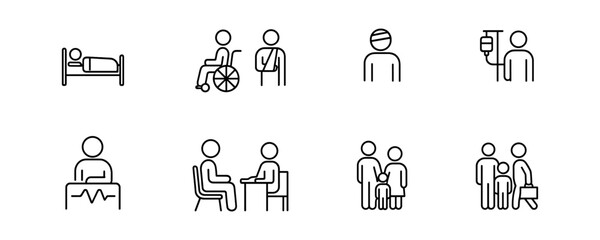 Set of medical-themed line icons depicting patient care, injuries, monitoring, and healthcare consultations