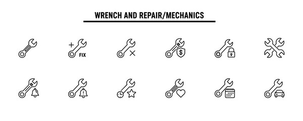 Set of line icons for Wrench and Repair/Mechanics