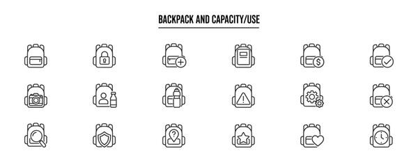 Set of minimalistic line icons depicting backpacks with various symbols for capacities and uses