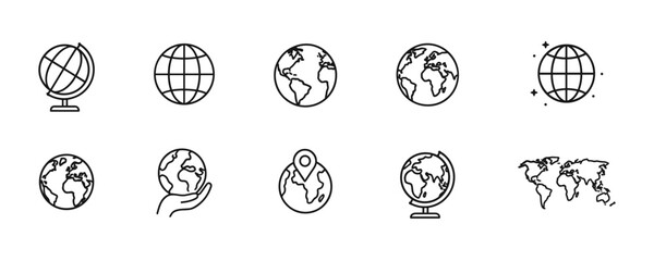 Set of tenline-drawn globe and map icons in various Earth and geography styles
