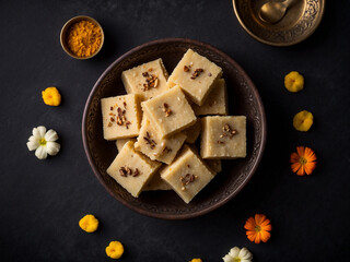 Traditional Indian Burfi Sweets in Ornate Bowl with Floral Decor on Dark Background