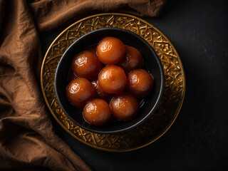 Top view of gulab jamun in black bowl on ornate plate, traditional Indian sweet dessert food photography