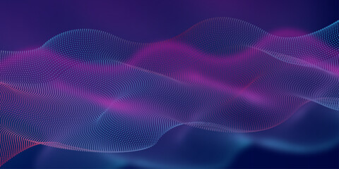 Wave of musical sounds. Abstract background with interweaving of dots and lines. 3D rendering. Lights background. Colored music wave. Big data digital code.  Digital background. 3d rendering.
