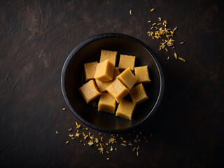 Traditional Mysore Pak Indian Sweet Cubes in Black Bowl Top View on Dark Background with Fennel Seeds Garnish