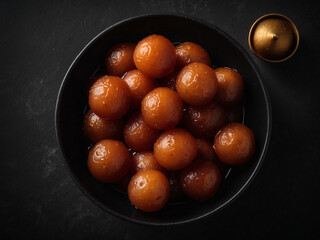 Top view of gulab jamun in black bowl on ornate plate, traditional Indian sweet dessert food photography