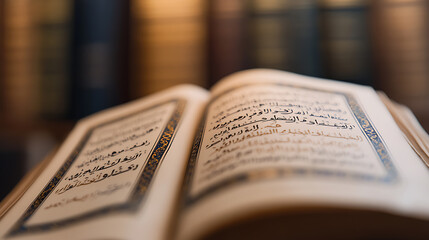 An open book with Arabic script reveals its sacred pages, knowledge and wisdom in every word, illuminated by soft light and the promise of insight.