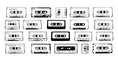 Cartoon vintage music tape, retro style cassettes. Stereo mix, analogue player old tape, 80s tape record flat vector symbols illustration collection. Audio 90s music cassette set