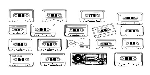 Cartoon vintage music tape, retro style cassettes. Stereo mix, analogue player old tape, 80s tape record flat vector symbols illustration collection. Audio 90s music cassette set