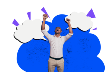 Composite photo collage of angry scream man wear formal clothes clouds communication concept speech bubble isolated on painted background