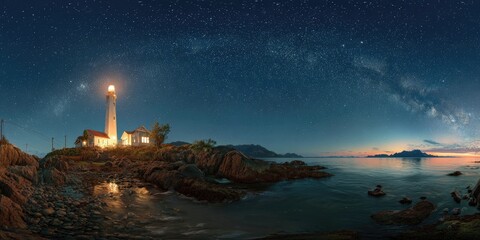Coastal lighthouse illuminated under a starry night sky, rocky shoreline, and calm water reflecting the light