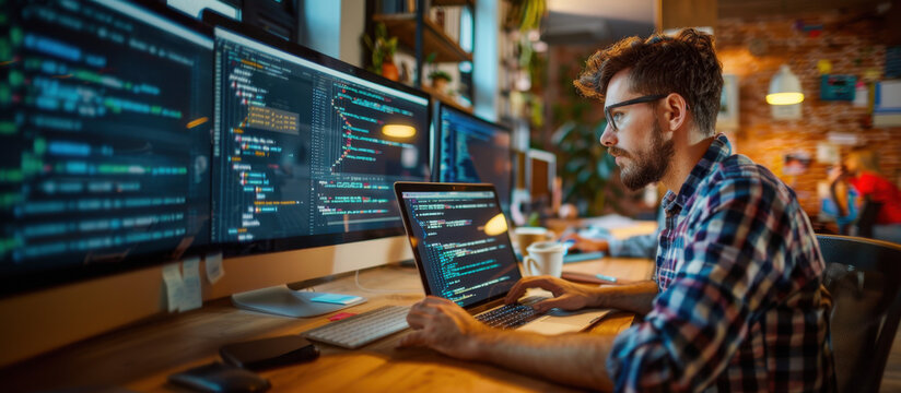 Coding Specialist at Work: A focused coder, surrounded by multiple screens displaying lines of code, deeply engrossed in his tasks.