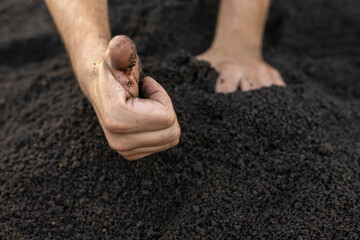 Soil in a man hands. Selective focus.