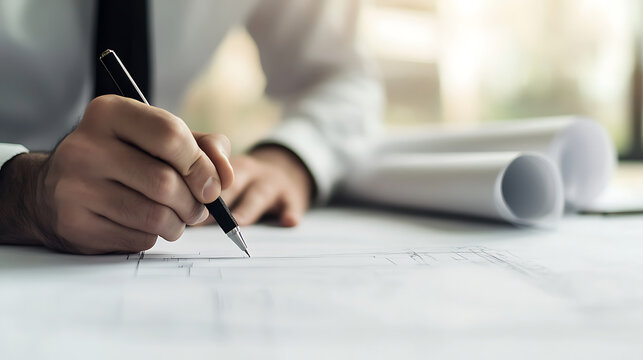 Architect crafting blueprint plans with precision. Designing the future with every line, detail, and stroke of genius. Innovation on paper.