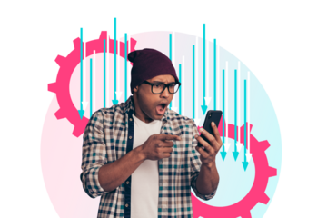 Collage artwork of amazed worried nervous man fall down bitcoin rate statistics investment isolated on creative background