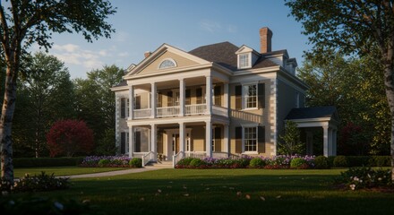 Fototapeta premium Elegant colonial mansion exterior with lush green lawn and trees against a clear blue sky
