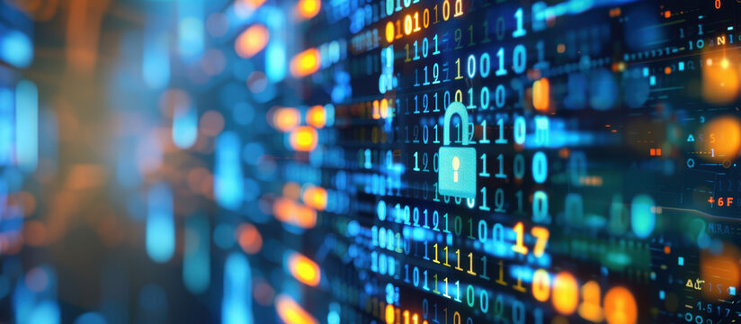 Digital Fortress: A futuristic and abstract digital landscape of binary code and data streams, enhanced with a secure lock symbol, highlights data protection and cyber security in the modern age.