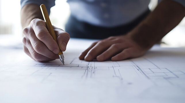 Architect drafting a blueprint with a mechanical pencil, capturing precision and planning in the field of design.