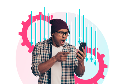 Collage artwork of amazed worried nervous man fall down bitcoin rate statistics investment isolated on creative background