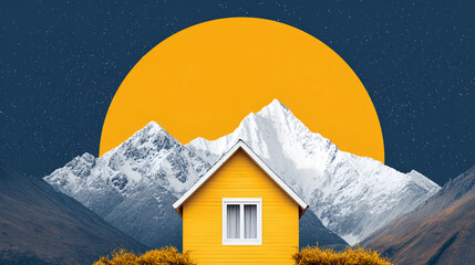 Mountain landscape with a bright yellow house under a large sun and starry sky, showcasing a vibrant natural scene