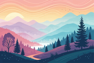 Pastel mountain range landscape with pine trees and a winding river under a colorful sunset sky view