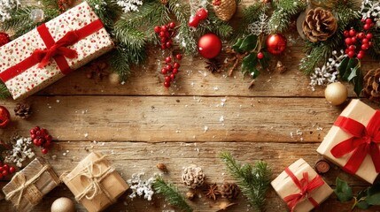 Festive Christmas gifts and greenery adorn a rustic wooden surface.