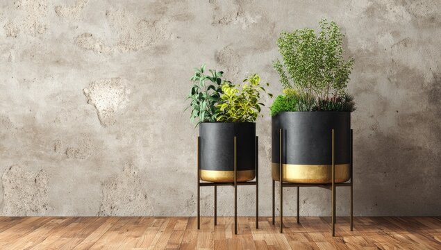 Two contemporary black planters with gold bases hold vibrant herbs against a weathered wall