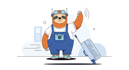 A happy sloth wearing overalls and sunglasses waves goodbye while pulling a suitcase.