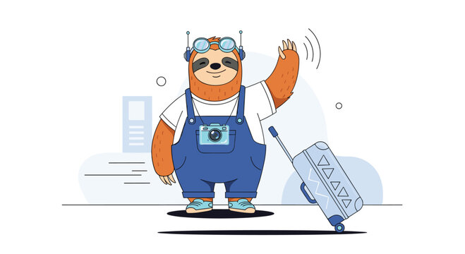 A happy sloth wearing overalls and sunglasses waves goodbye while pulling a suitcase.