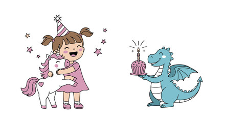 A cute little girl celebrates her birthday with a unicorn and a dragon offering a cake.