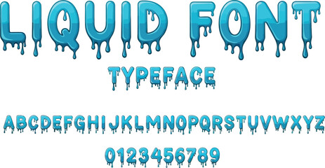 Cartoon Liquid Font Typeface Set with Blue Drips on White Background