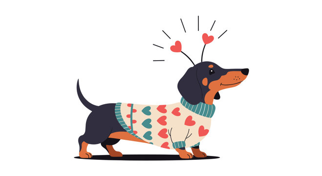 A cute dachshund wearing a sweater with hearts and heart antenna decoration.