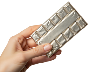 Hand holding a bar of chocolate wrapped in silver foil with the word deluxe embossed, isolated on transparent background