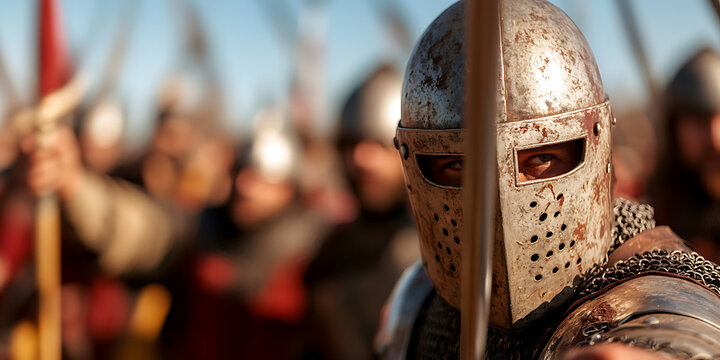 Crusader ready for battle, face half-hidden by a metal helmet. Group of crusaders and bright sky visible in the background. Medieval warfare concept.