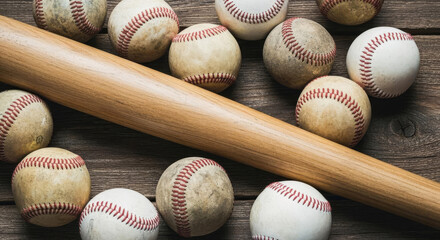 "Baseball Gear Showcase: Classic Wooden Bat & Game-Worn Balls on Rustic Surface"
 